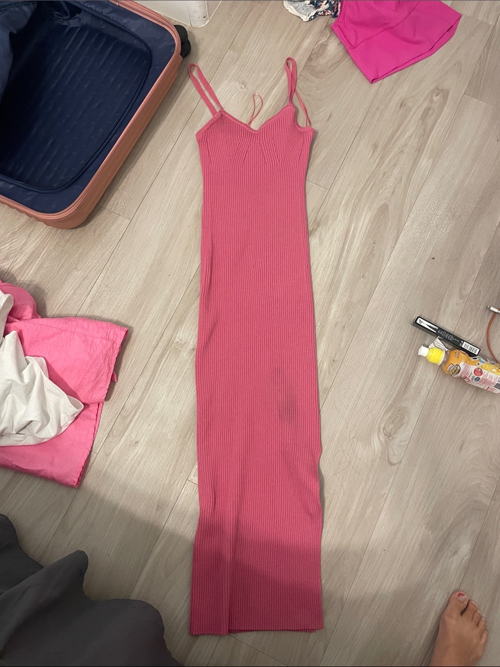 Hello Molly Hot Pink Ribbed Maxi Dress with Spaghetti Straps